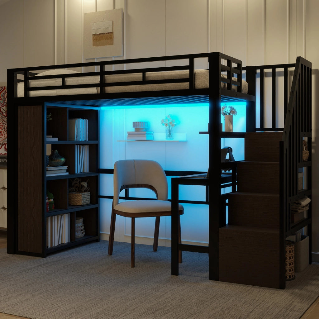 Letto a Soppalco con Scrivania e LED ¨C MINIMAL ¨C Metallo Nero 90x200