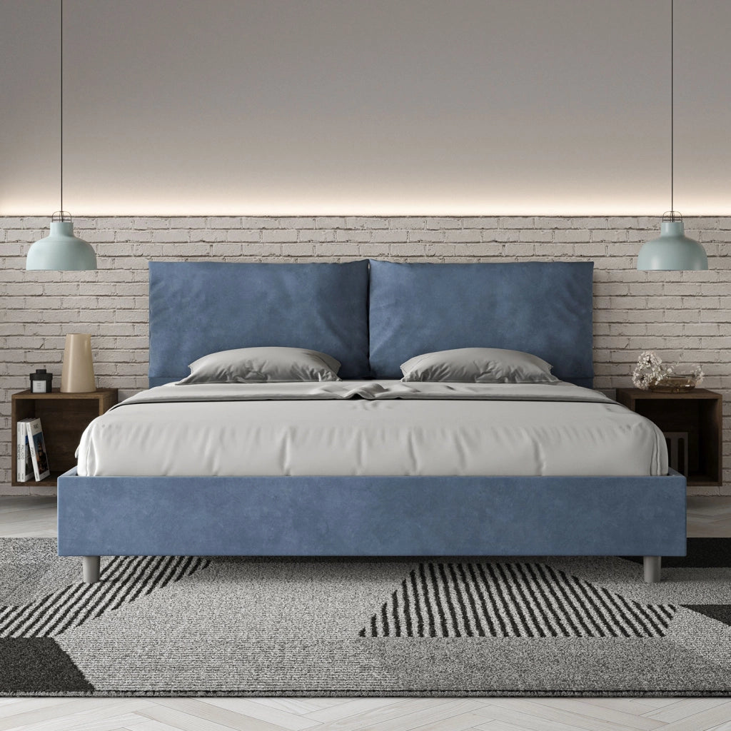 BS COM Letto matrimoniale king size senza rete imbottito 190x200 microfibra blu Large