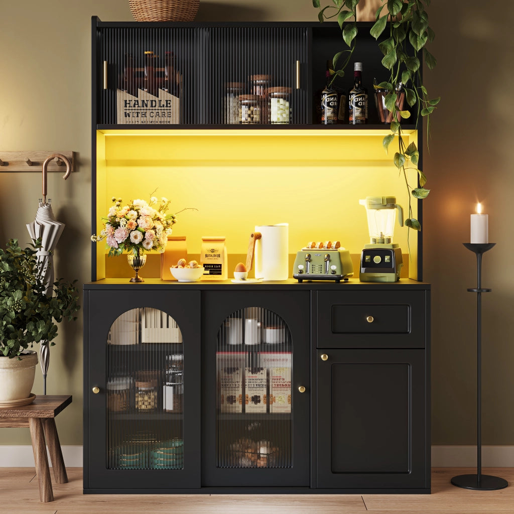 Armadio cucina con LED - Zephmum - Regolabile, vetrinetta, nero