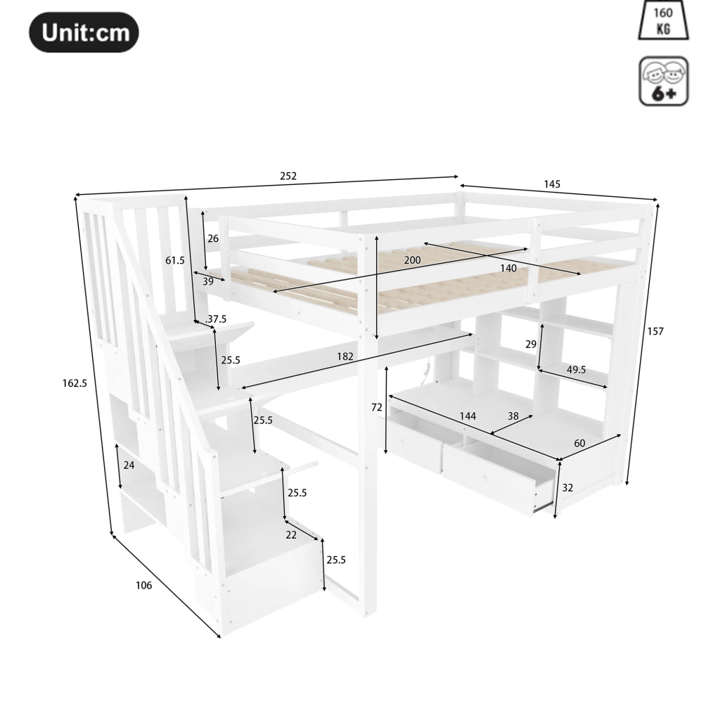 Letto a castello 140x200 cm con scrivania; scaffali; cassetti e scale contenitore; bianco