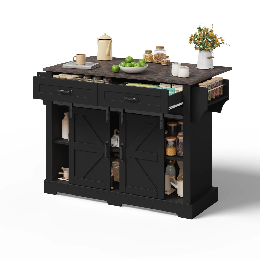 Isola cucina in MDF nero con piano ribaltabile, 2 ante scorrevoli, 2 cassetti e ruote