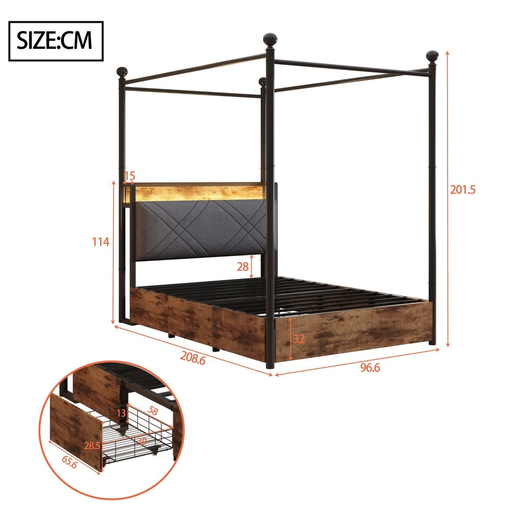 Letto Singolo con Baldacchino, Cassetti e LED ¨C MINIMAL ¨C 90x190, Ferro, con USB