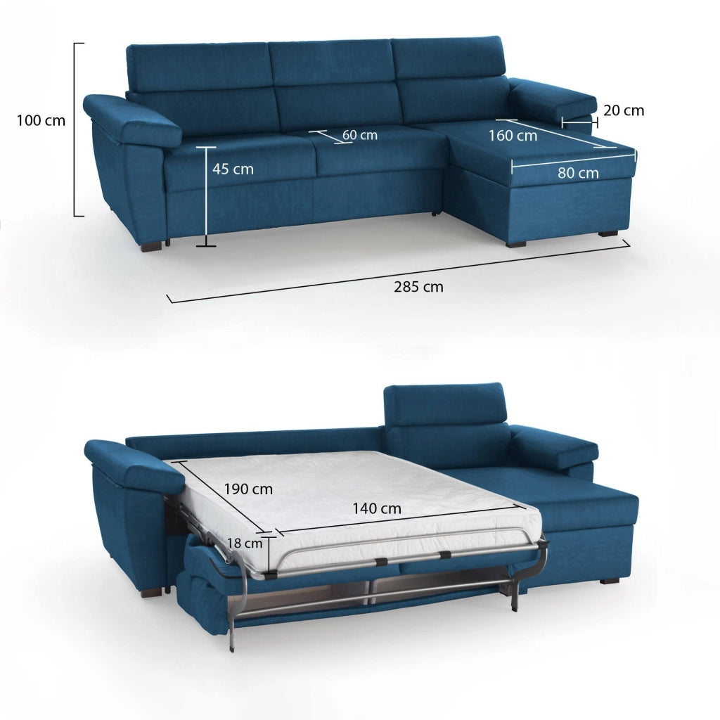 Tolle, Divano Letto con Penisola Sfoderabile Made in Italy, 285x160 cm blu