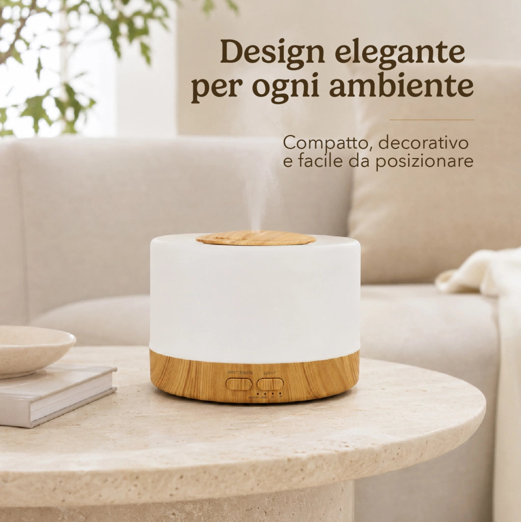 Diffusore di Aromi 500 ml con Luce LED 7 Colori e Timer, Umidificatore per Ambienti, Autonomia fino a 4 Ore, Design Effetto Legno, Alimentazione USB/240V