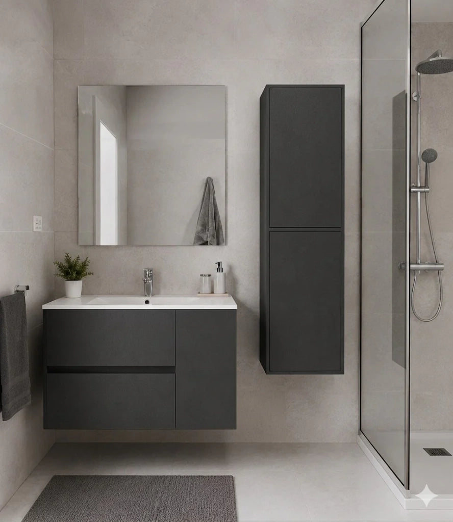 Mobile Bagno HEIMDALL Già Montato 2 cassetti e porta, lavabo e specchio Grafite 120x45 cm doppio lavabo con colonna