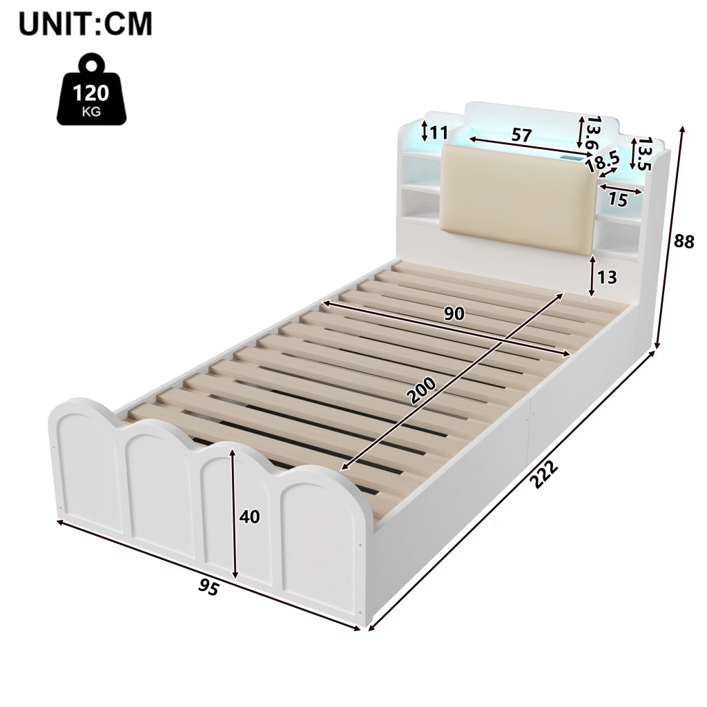 LETTO Contenitore Idraulico 90x200 cm Bianco con USB-C e LED