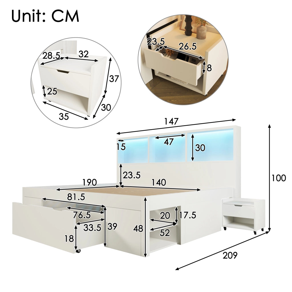 Letto funzionale con LED e USB-C - Zephmum- 140x190 cm- Bianco- Con cassetti e ripiani