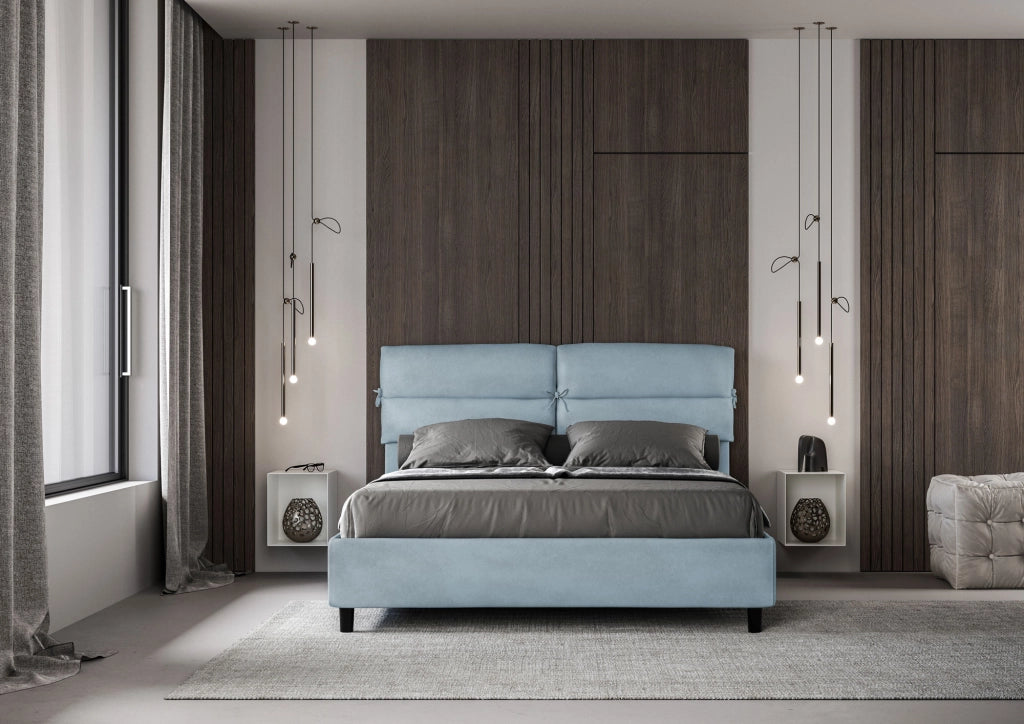 BS COM Letto matrimoniale con rete imbottito 160x200 microfibra azzurro