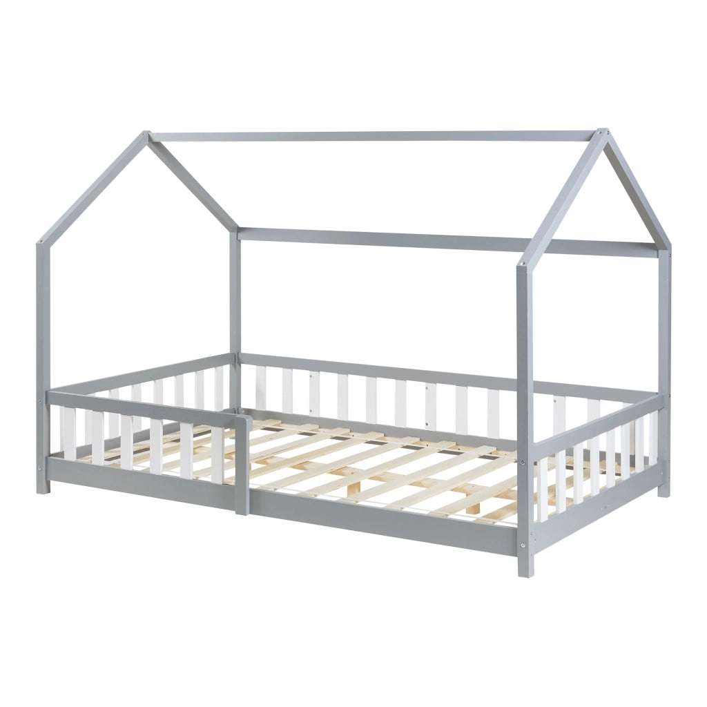 Letto Piazza e Mezza Hesel per Cameretta a Forma di Casetta 120 x 200 cm Grigio [en.casa]