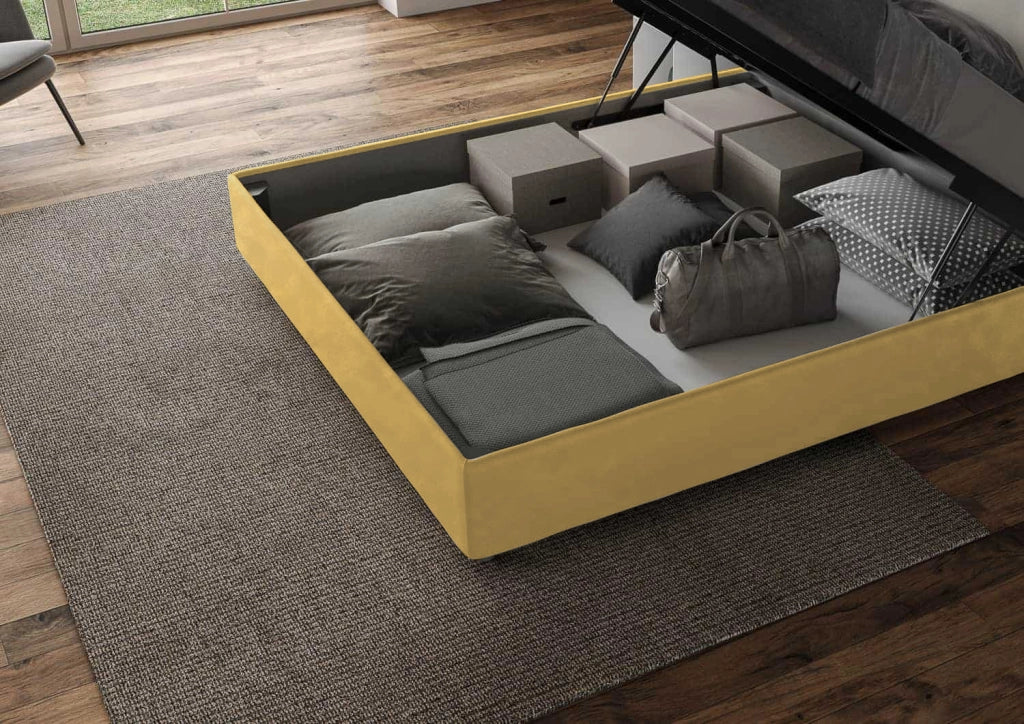 BS COM Letto matrimoniale francese contenitore imbottito 140x190 microfibra ocra