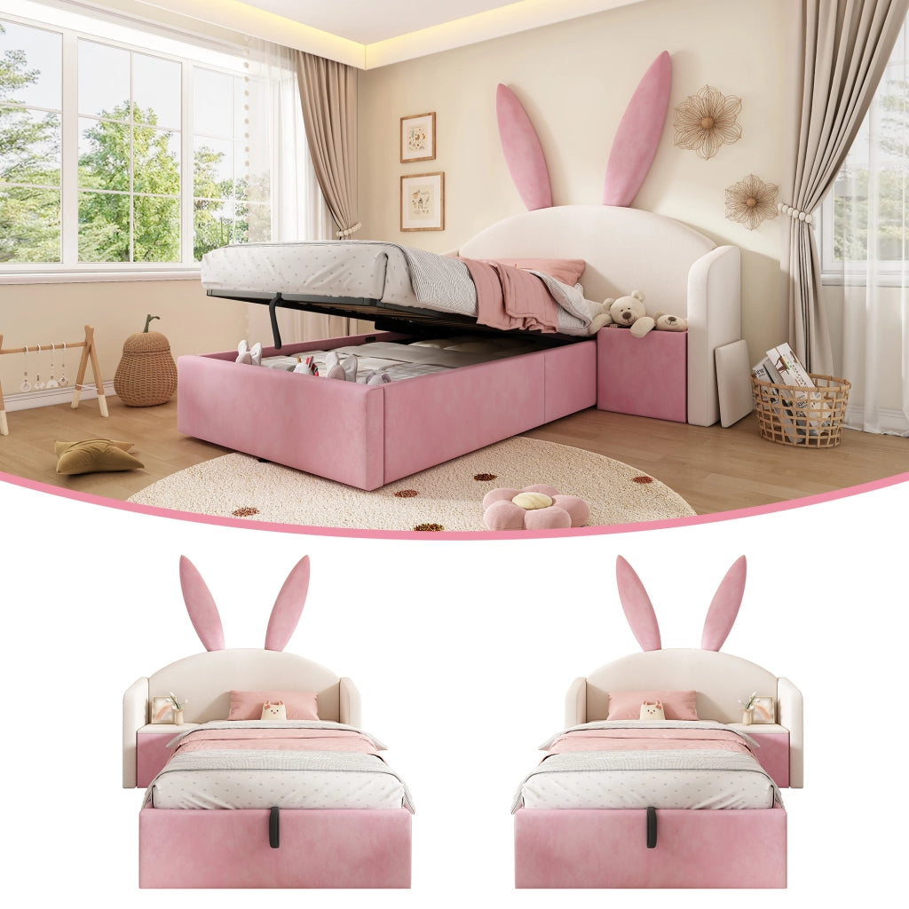 LETTO 90x190 cm in Velluto Beige e Rosa con comodino laterale