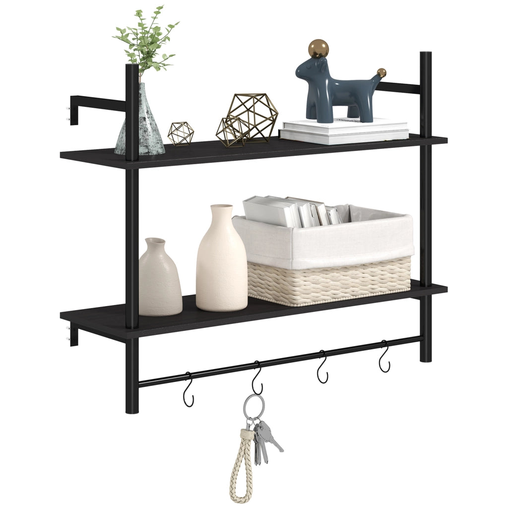 Scaffale a Parete 2 Livelli con 4 Ganci ¨C Minimal ¨C 80x24x65 cm Nero