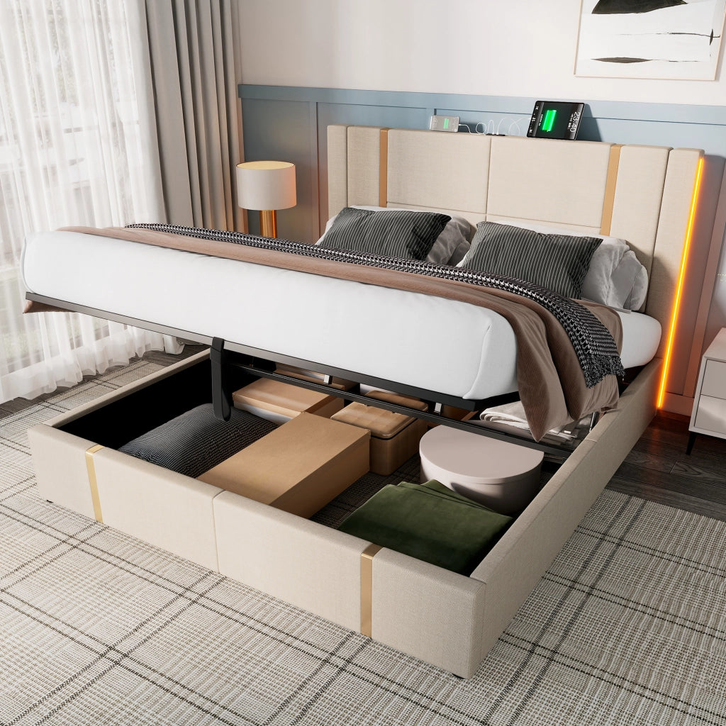 LETTO matrimoniale imbottito 140x200 cm Beige in lino con LED e USB Type-C