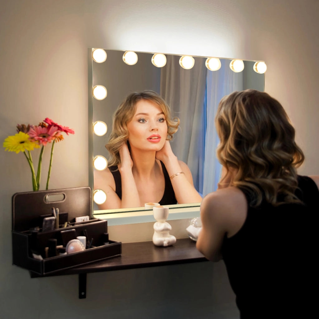 Specchio per trucco con 15 luci LED porta USB, Specchio illuminato con controllo touch 48x58cm