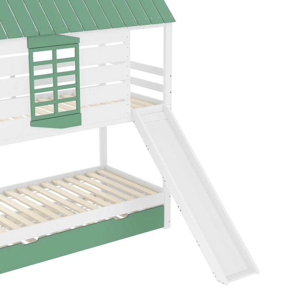 Letto a Castello con Scivolo e Letto Estraibile ¨C MINIMAL ¨C Bianco/Verde 90x200