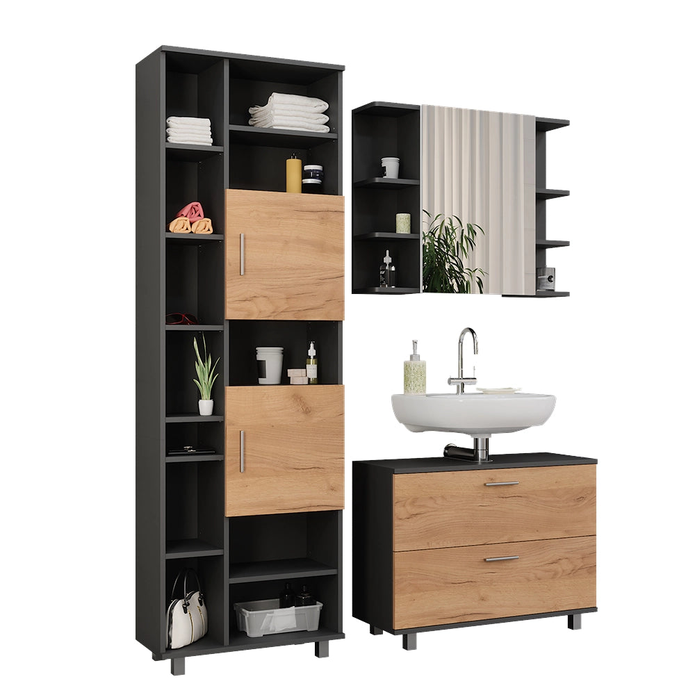 Vicco Set di mobili da bagno Quercia dorata/antracite 3 parti, con colonna