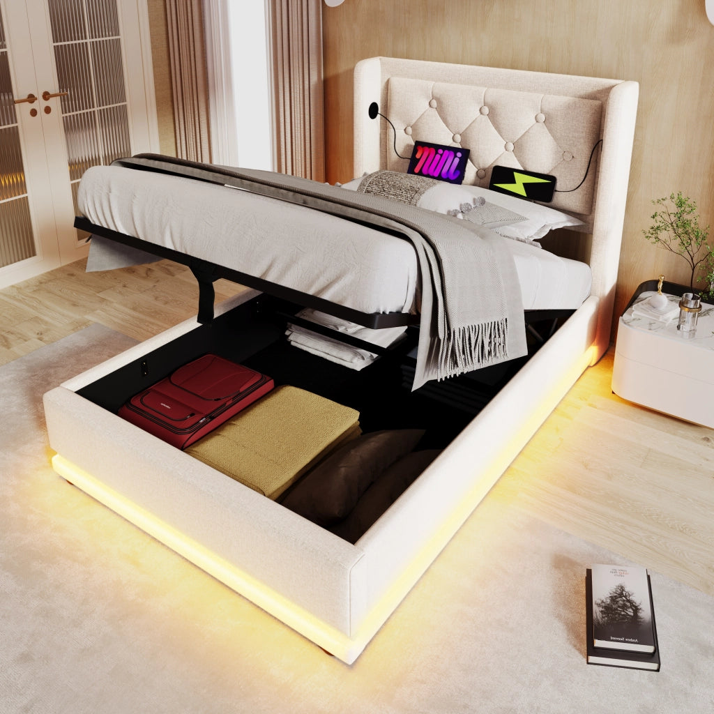 LETTO Contenitore 90x200 cm Beige in cotone, con USB Tipo-C e LED a 3 lati
