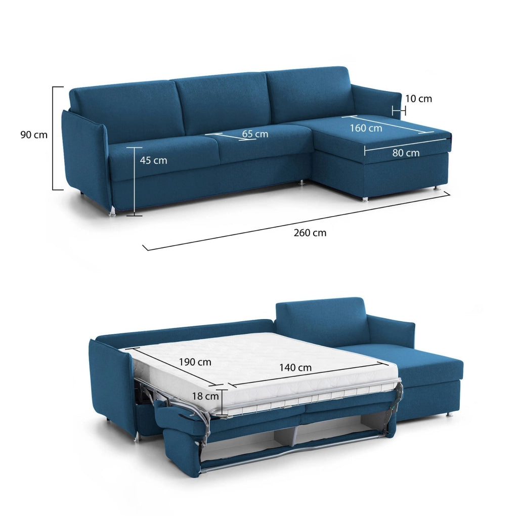 Sumirago, Divano Letto con Penisola Sfoderabile Made in Italy, 260x160 cm blu
