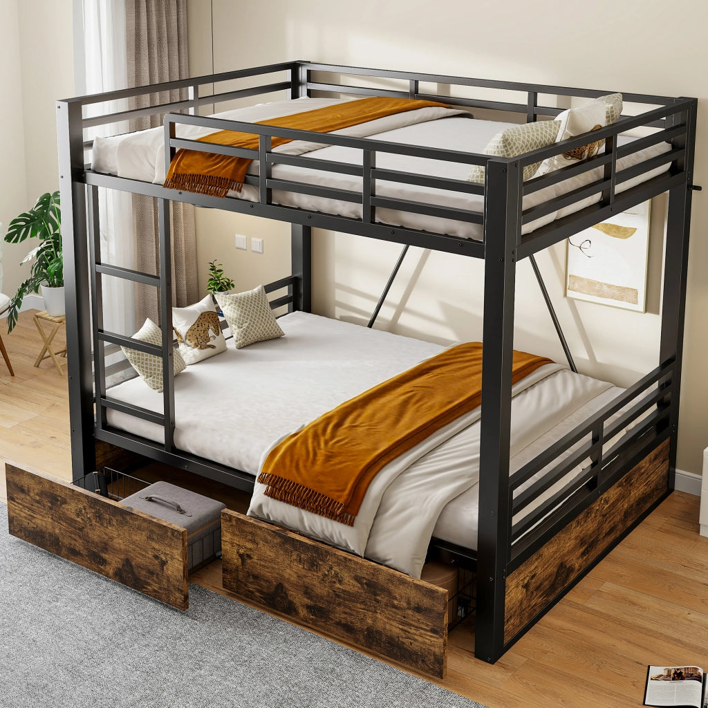 LETTO a castello 140x200 cm Nero in metallo e legno con cassetti