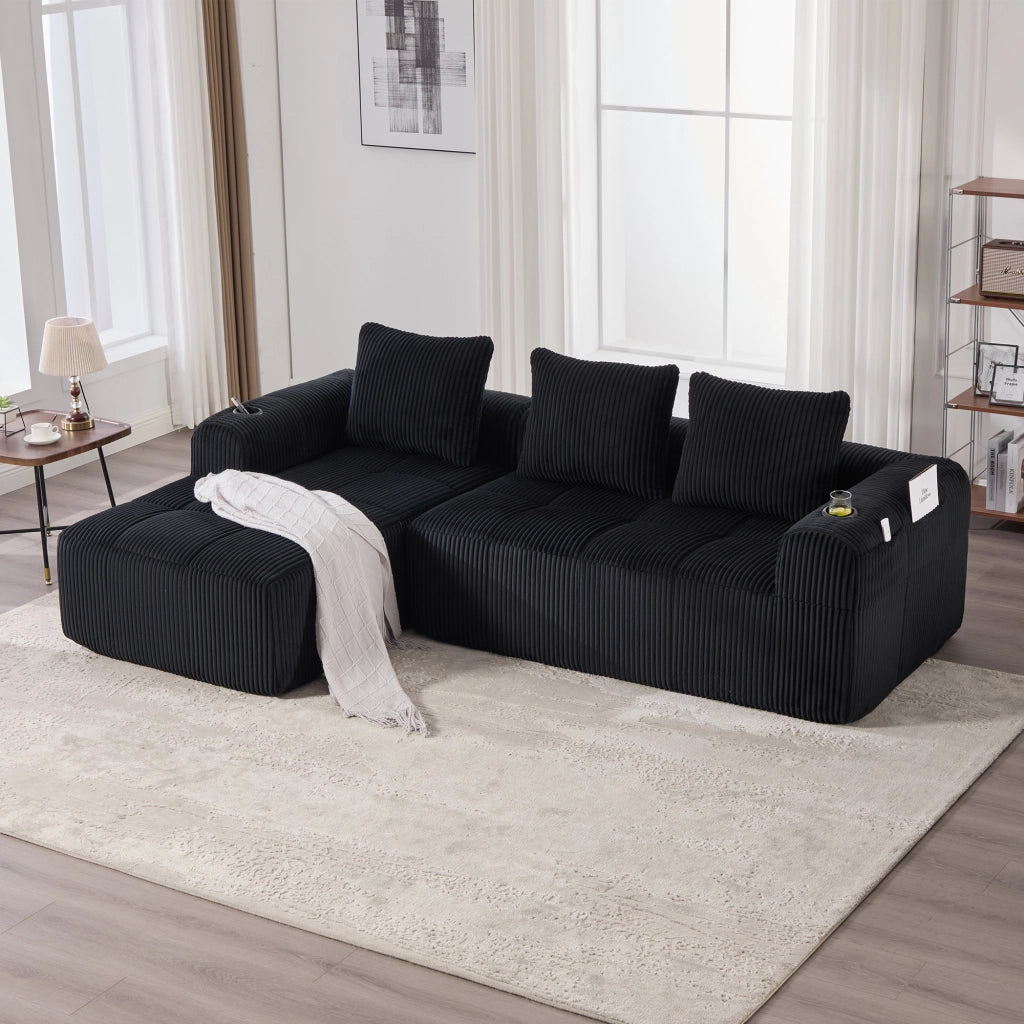 Divano Compatto in Tessuto a Coste con Cuscini ¨C MINIMAL ¨C Nero, Modulare, Portabicchieri