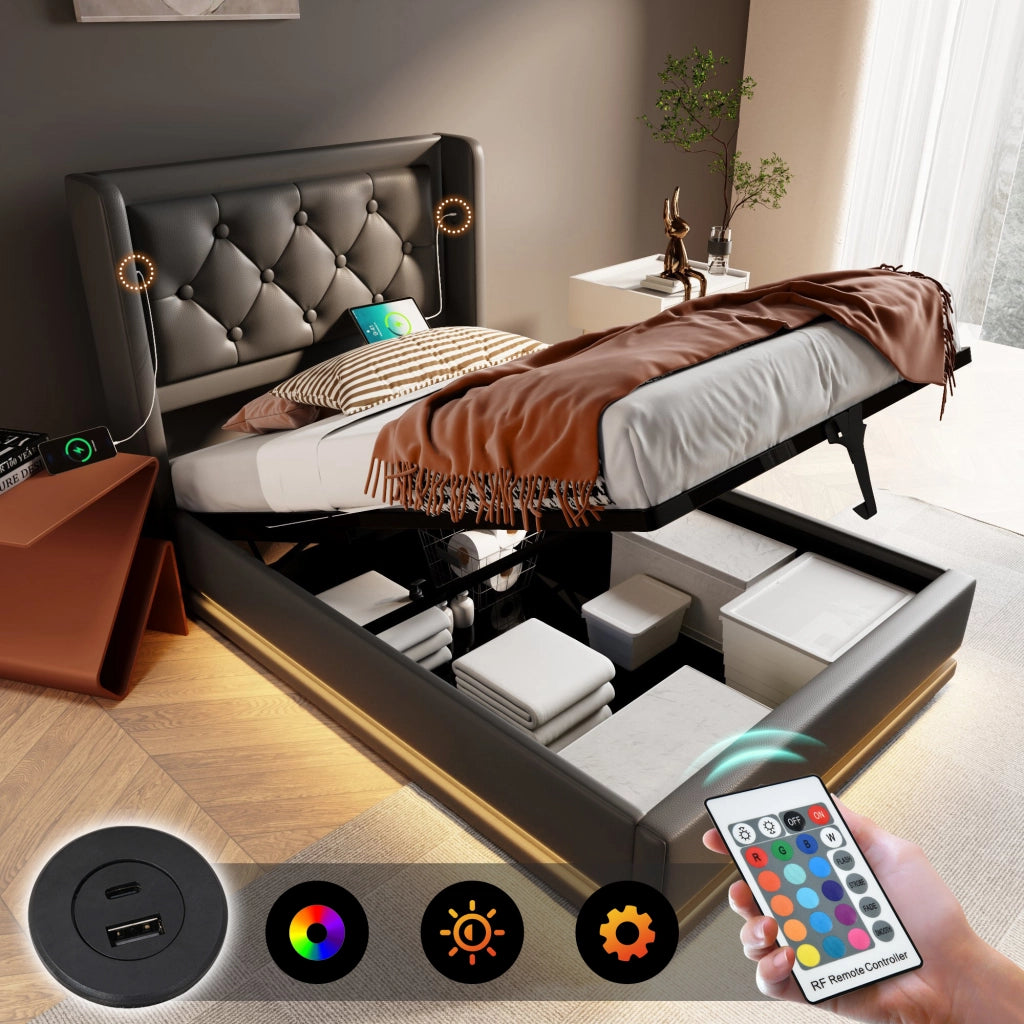 LETTO imbottito 90x200 cm in PU nero con USB Tipo C e LED