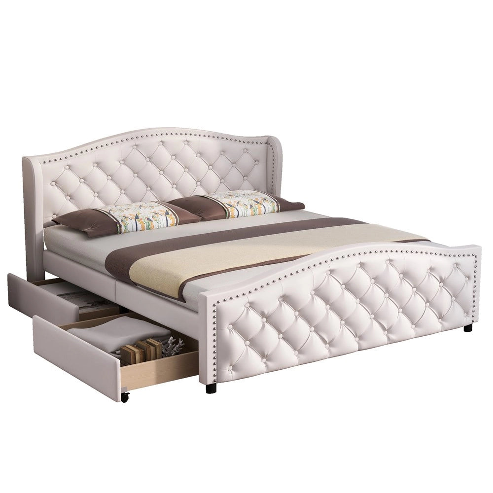 Letto Imbottito 140x200 con Doghe, 2 Cassetti e Testiera ¨C Xylo ¨C Bianco, Legno e Similpelle