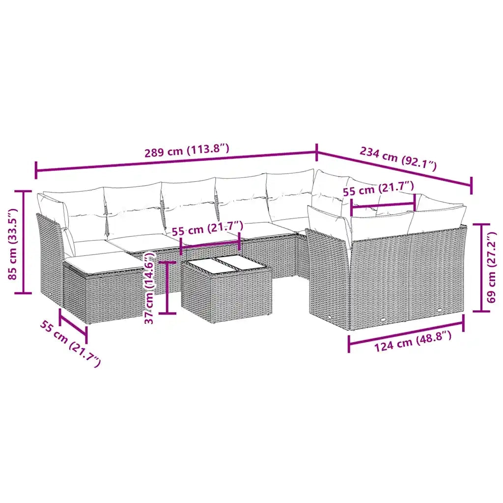 Set Divani da Giardino 11 pz con Cuscini in Polyrattan Nero