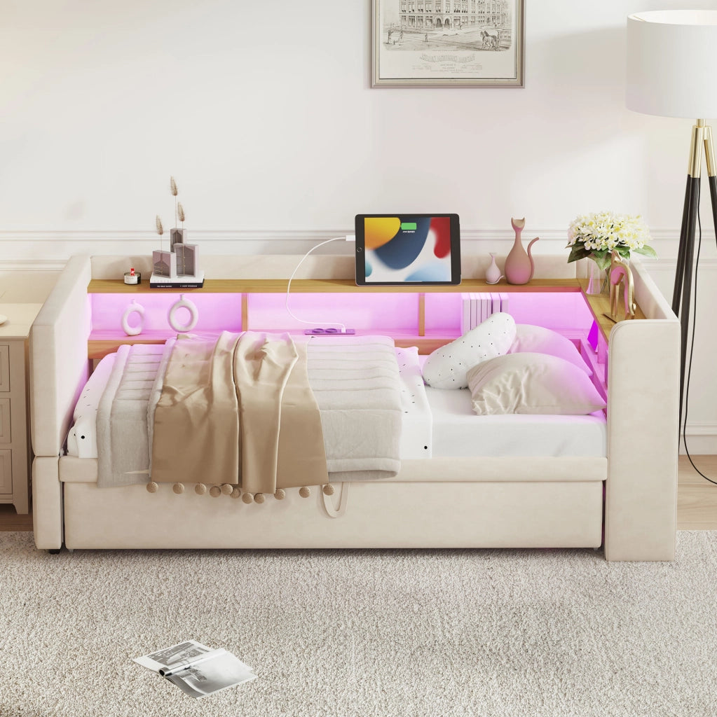 Divano letto imbottito multifunzione con vani contenitore, LED e prese integrate