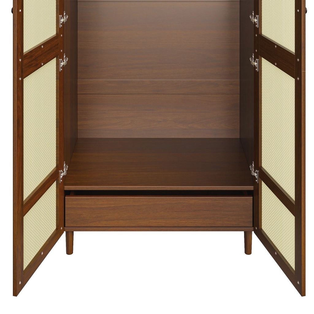 Armadio moderno con porte curve, barra appendiabiti e cassetti, colore noce