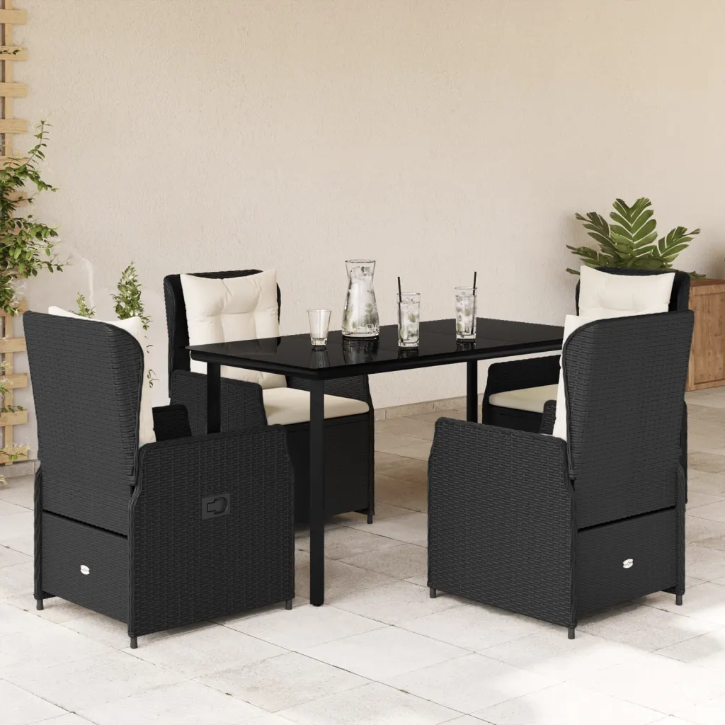 Set da Pranzo da Giardino 5 pz Nero con Cuscini in Polyrattan
