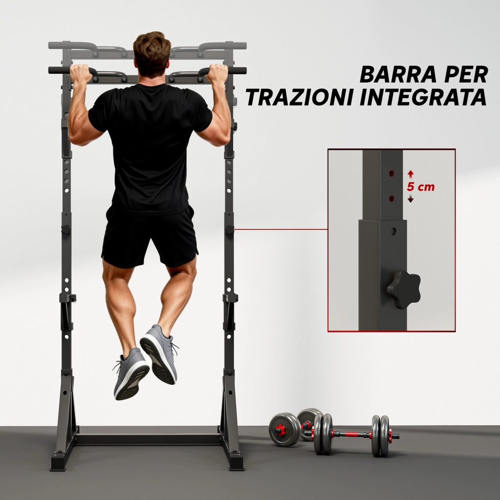 Squat Rack Regolabile con Doppio Supporto, Portadischi e Barra Trazioni ¨C Minimal ¨C Acciaio, Nero, 112-100x201-217 cm