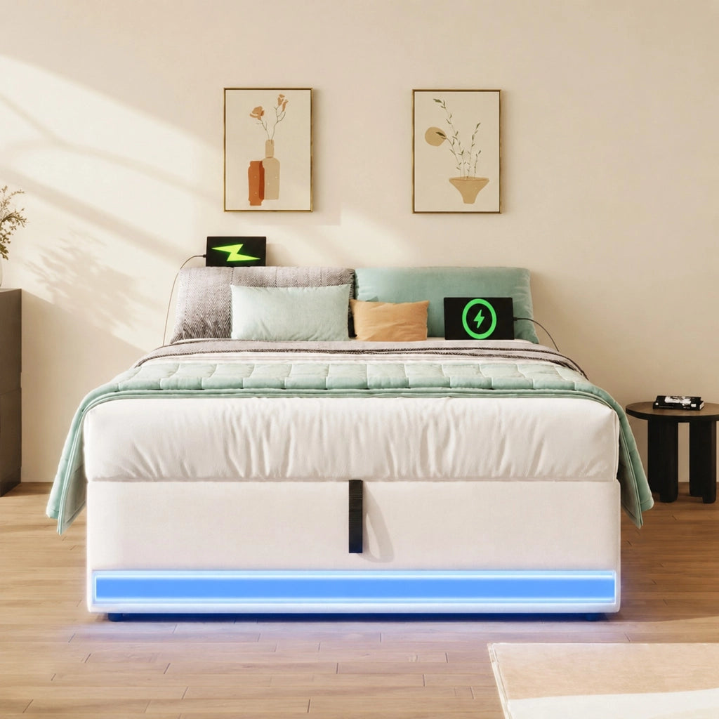 Letto imbottito 90x200 cm con LED, porte USB e Type-C, contenitore idraulico, beige