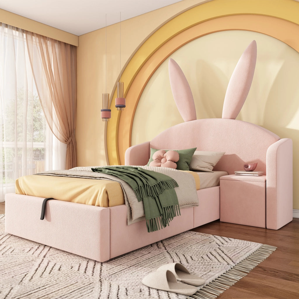 LETTO 90x190 cm in Velluto Rosa con Comodino e Contenitore