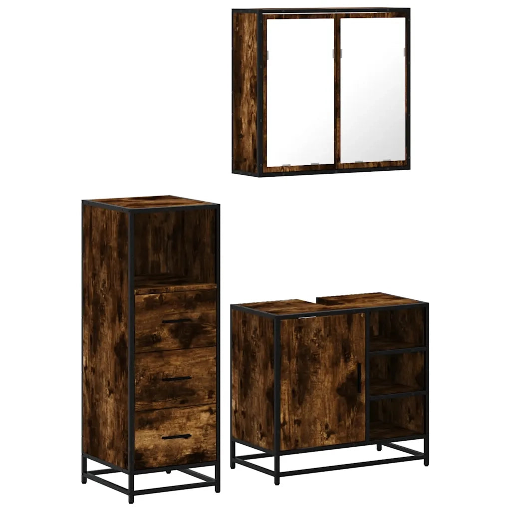 Set Mobili da Bagno 3 pz Rovere Fumo in Legno Multistrato 3301027