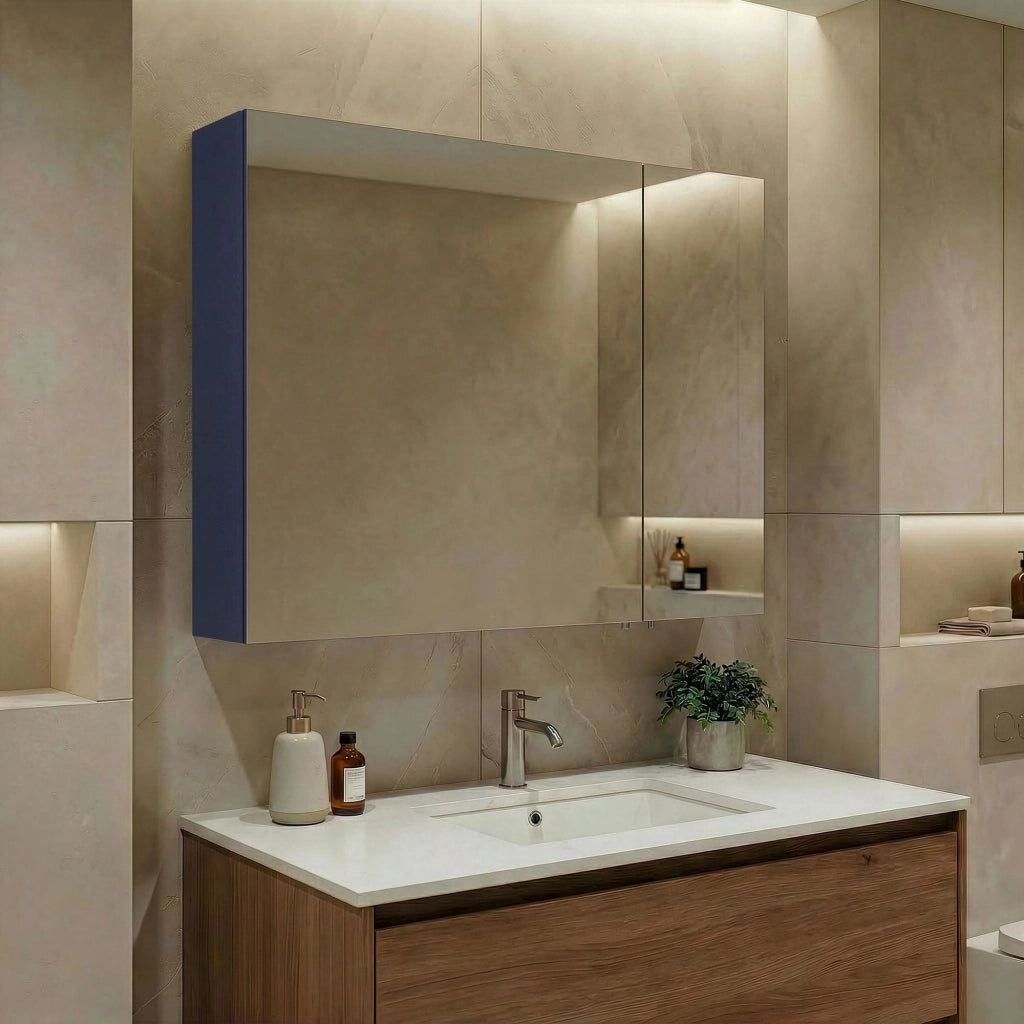 Mobile da bagno con specchio "Bari 80" - 75 x 16 x 66 cm - Blu navy opaco