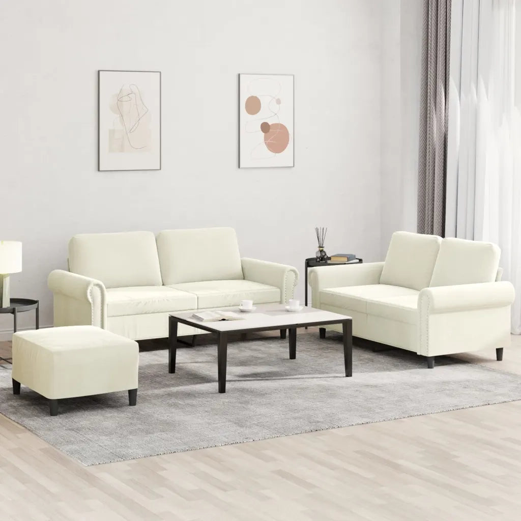 Set di Divani 3 pz con Cuscini Crema in Velluto