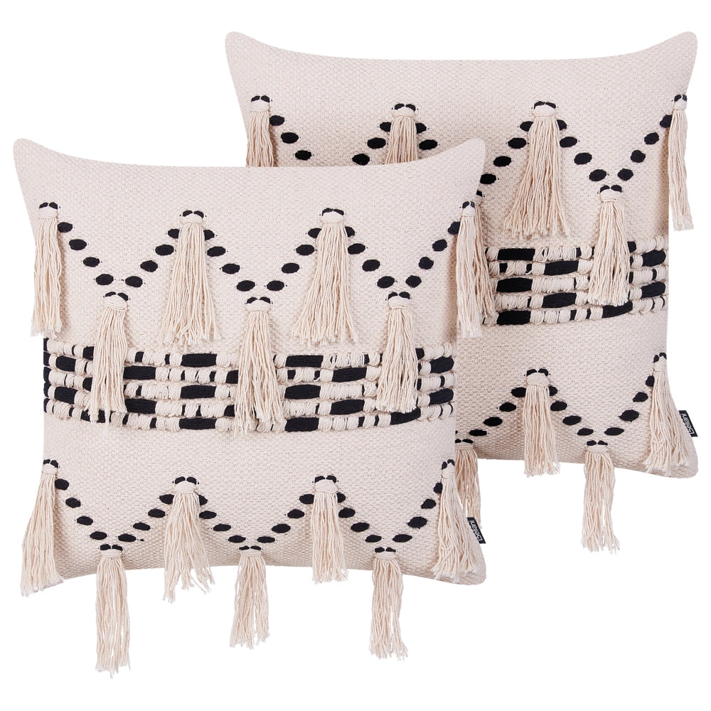 Set di 2 cuscini decorativi in cotone beige 45 x 45 cm con nappe Boho Decor