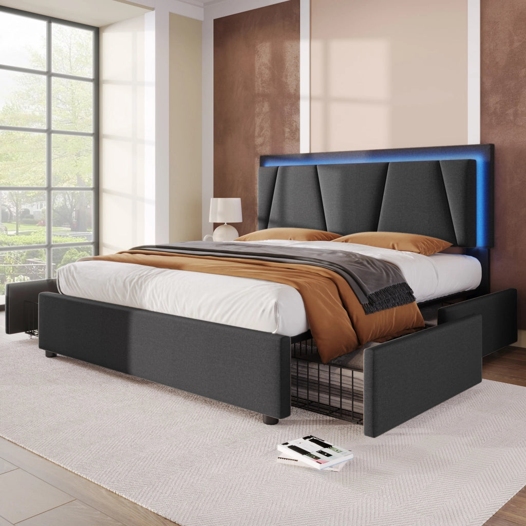 LETTO imbottito 160x200 cm grigio con testiera regolabile, LED e 4 cassetti
