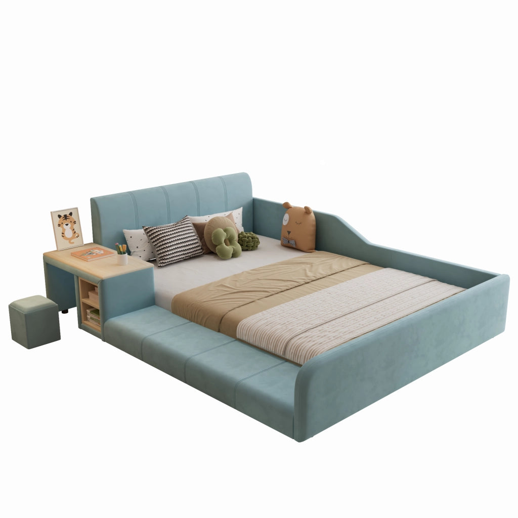 Letto Singolo Imbottito con Scrivania e Sgabello ¨C MINIMAL ¨C Velluto Blu 140x200