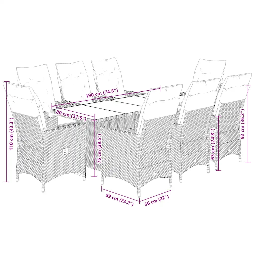 Set da Pranzo da Giardino 9 pz con Cuscini Nero in Polyrattan 3276690