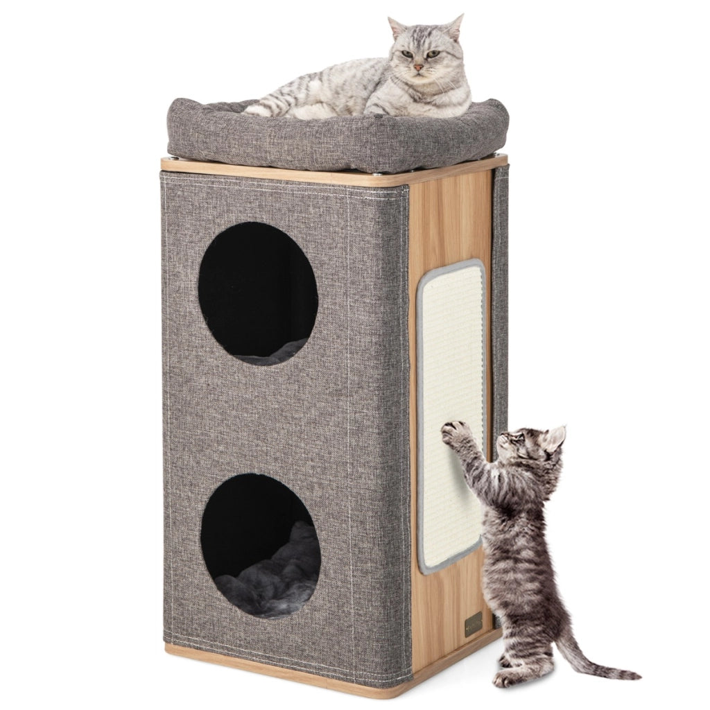 Casetta per gatti a 3 piani con tiragraffi 2 scomparti coperti cuccia 3 materassini, Casa gatti moderna Grigio