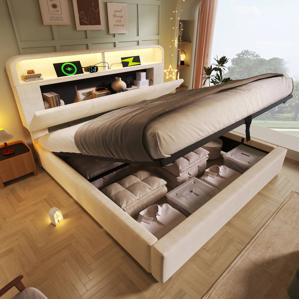 Letto contenitore imbottito 140x190 cm con testiera regolabile e vani; LED; USB; USB-C; rete a doghe; velluto beige
