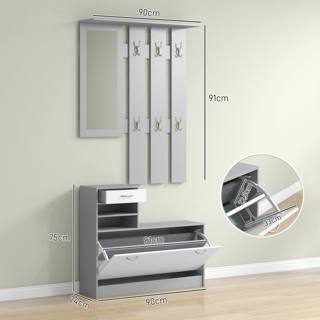 Appendiabiti con specchio e scarpiera ¨C zephmum ¨C 2 pezzi, grigio, con ganci e cassetto