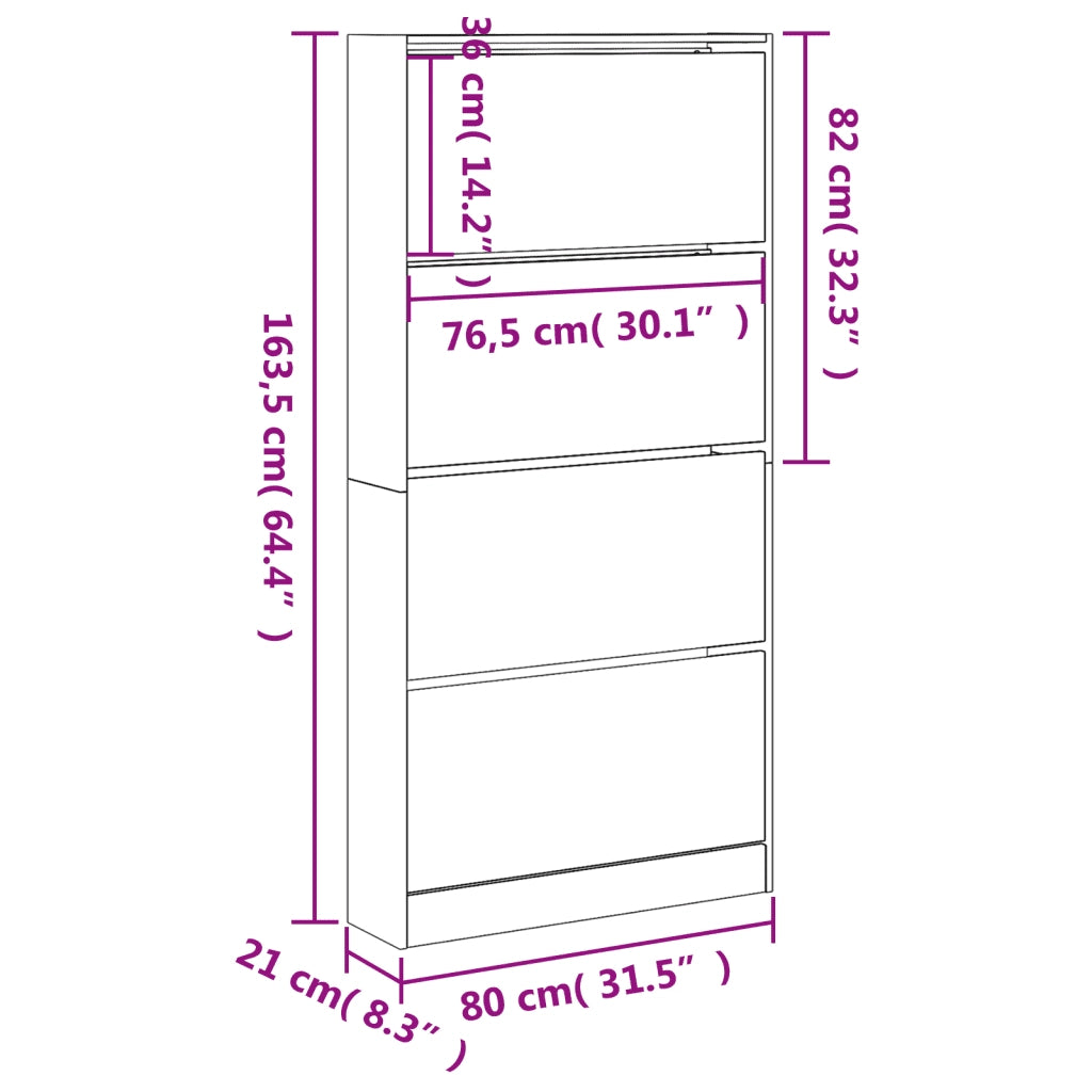 Scarpiera con 4 Cassetti Ribaltabili-Scaffale per scarpe Bianca 80x21x163,5 cm