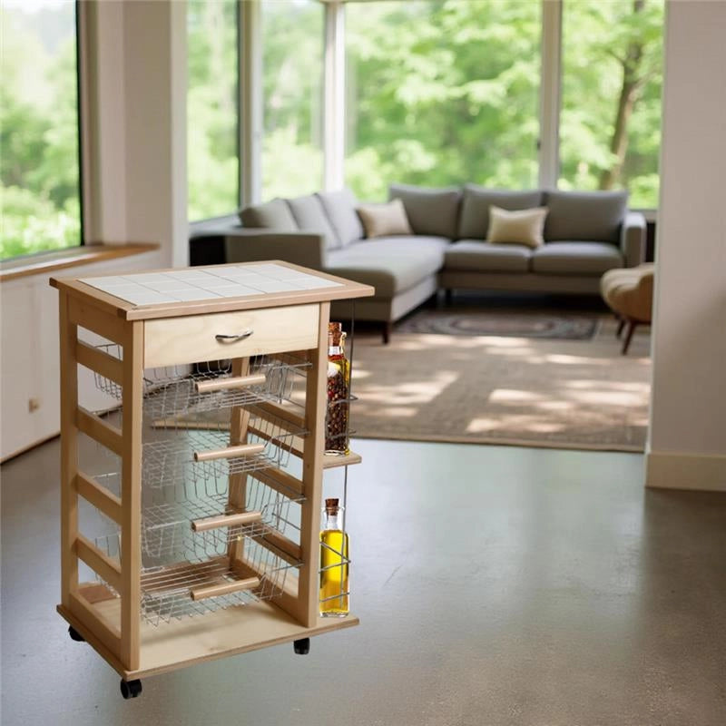 CARRELLO VESUVIO CON CASSETTO+PORTABOTTIGLIE NATURALEIN FAGGIO E BASE INFERIORE MULTISTRATO DI BETULLA 1 CASSETTO 4 CESTELLI