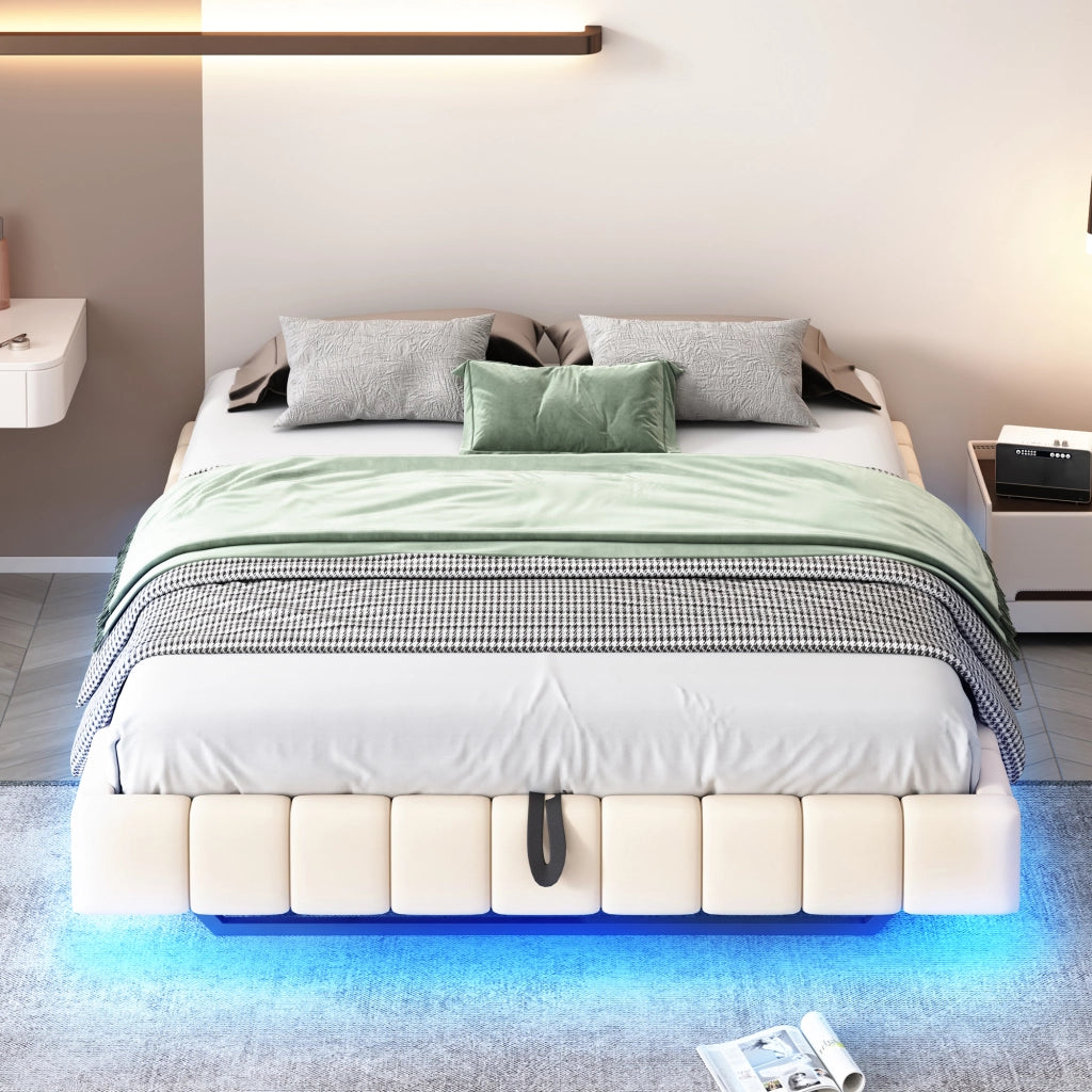 Letto imbottito 160x200 cm - Zephmum- Telaio idraulico con LED e spazio di archiviazione