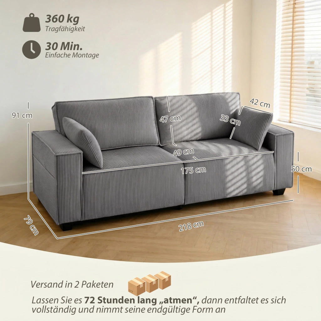 Divano 3 posti 218 cm ¨C Xylo ¨C Tessuto velluto grigio chiaro con cuscini