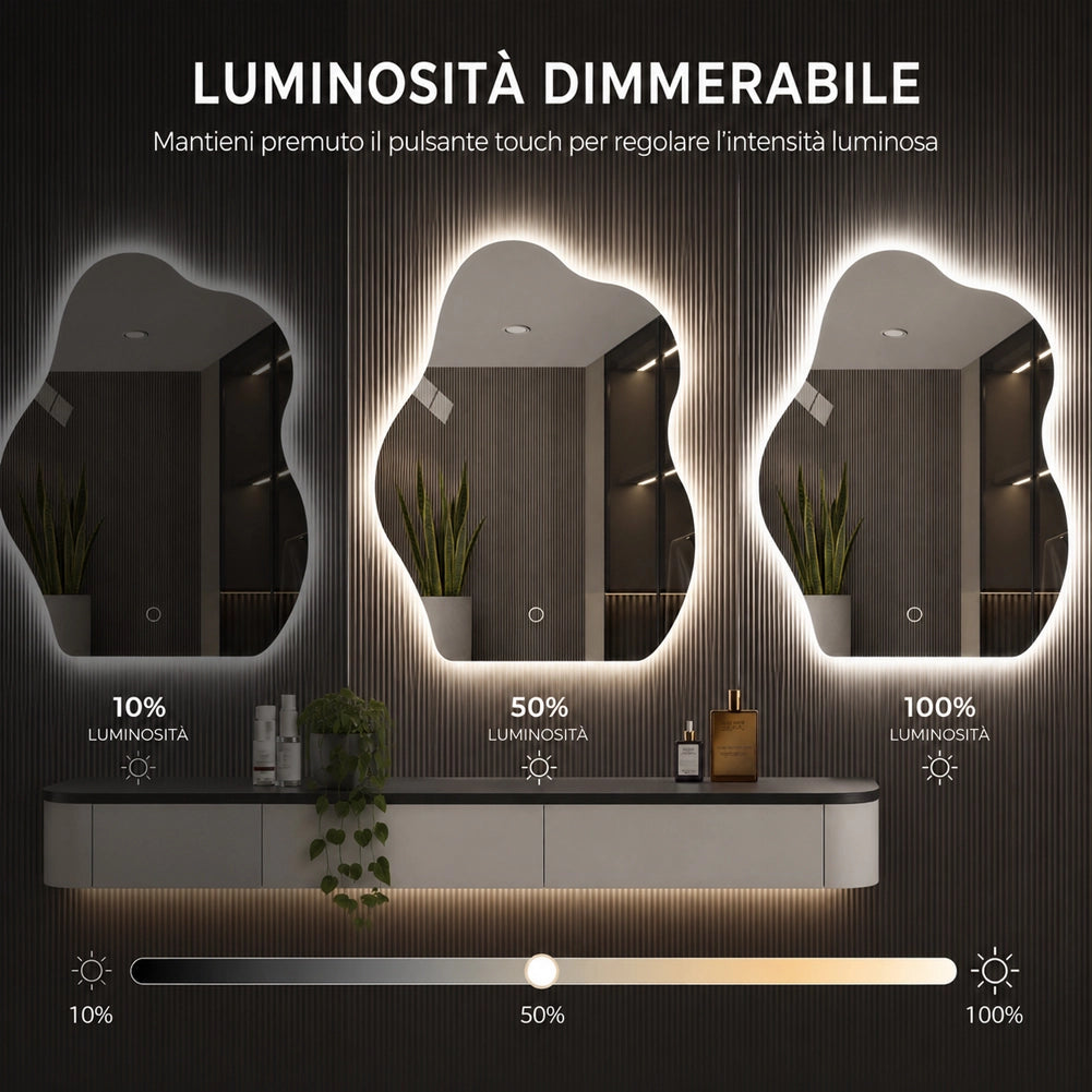 Specchio Forma Ondulata da Parete 50x70cm con Led Bianco Freddo Caldo e Naturale