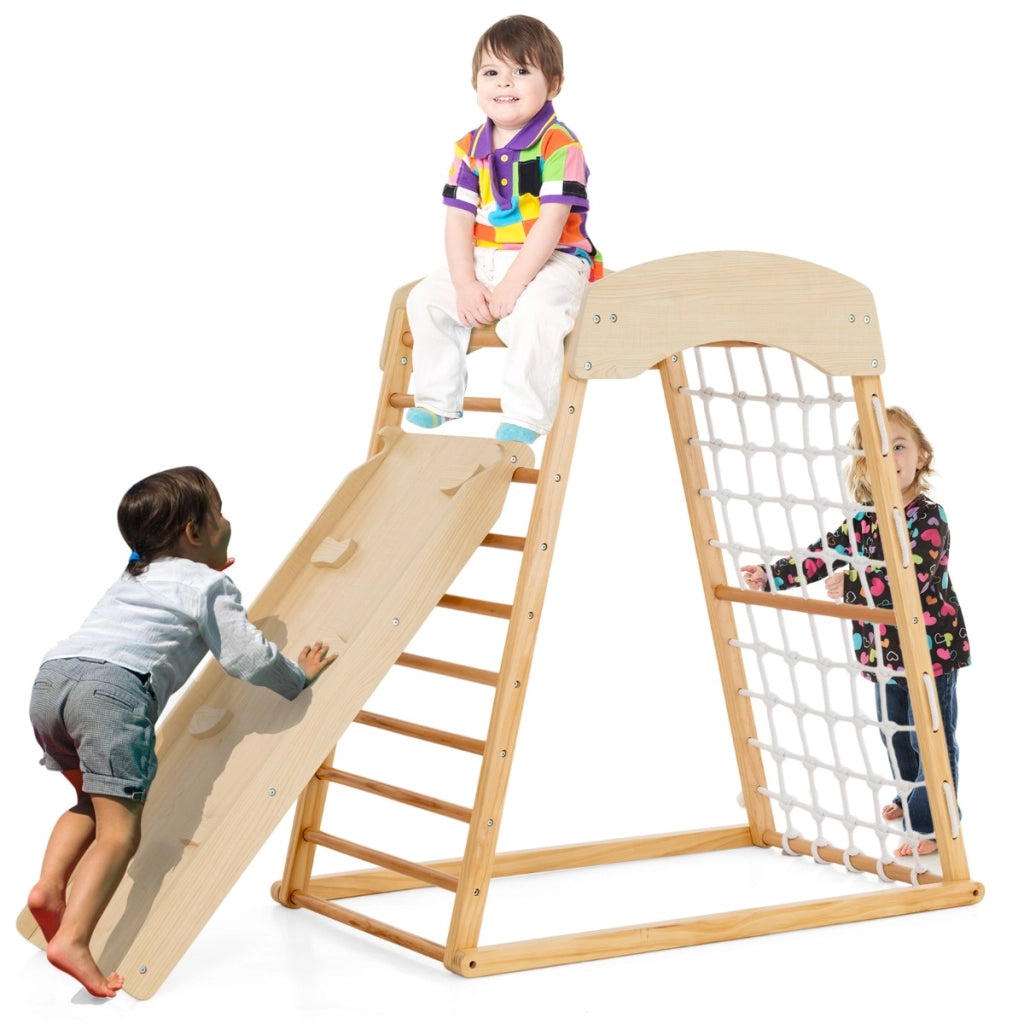 Parco giochi in legno con rampicata a doppia faccia sbarre per scimmie, Set gioco da arrampicata montessori Naturale