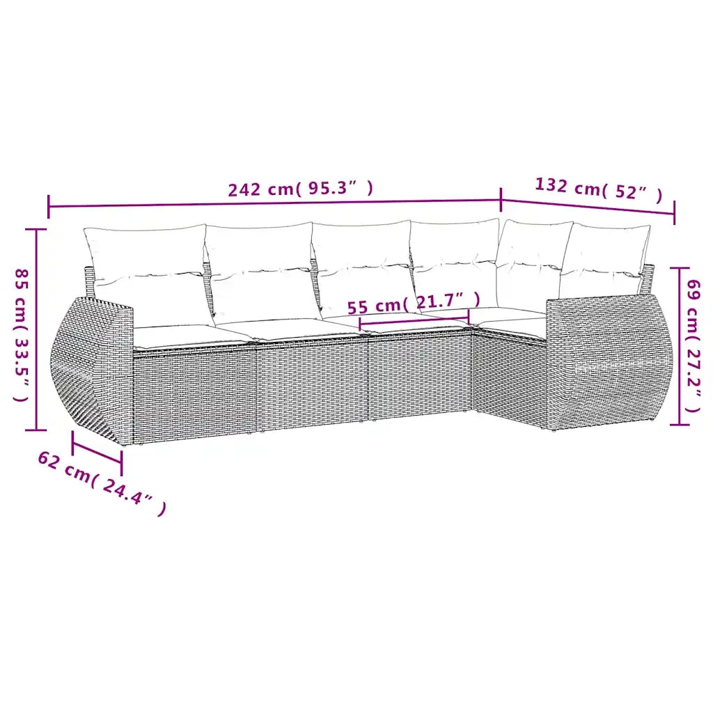 Set Divano da Giardino 5 pz con Cuscini Marrone in Polyrattan